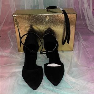 Black Suede Ankle Strap Chunky Heels